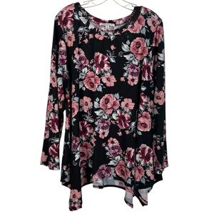 Green Envelope Black Pink Floral Jersey Stretch USA Made Tunic Top Plus Size 1X